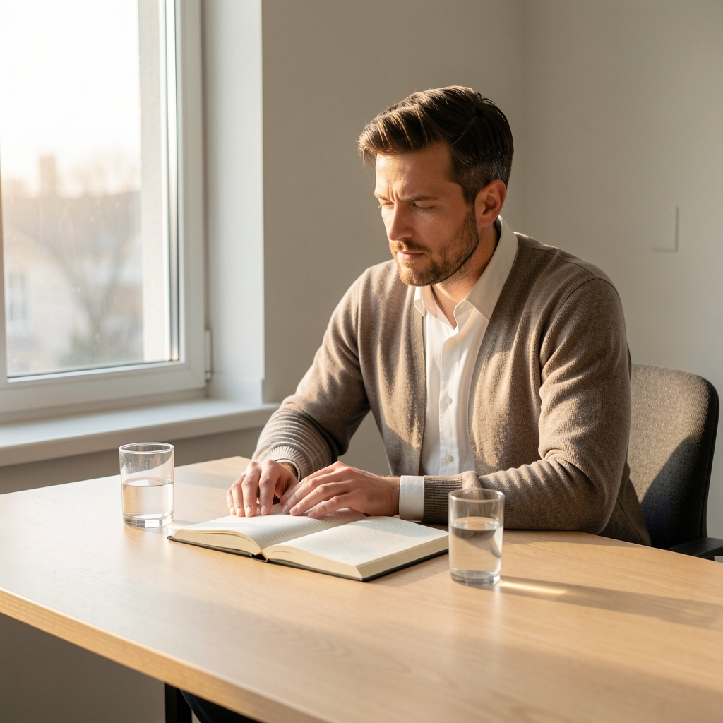 Man seated at a minimal wooden desk near a window with early morning light, open journal and a glass of water, quiet reflective atmosphere