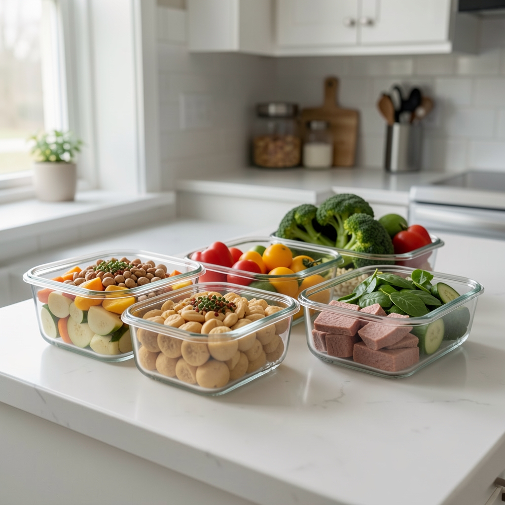 Clean kitchen counter with neatly arranged glass containers of prepared whole foods, fresh vegetables and protein portions, natural window light
