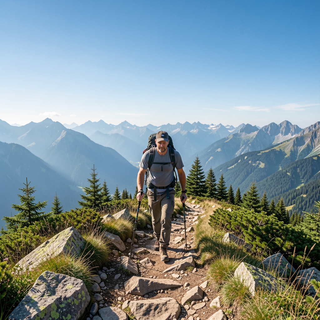 Man hiking a rocky alpine trail above the treeline with a backpack, clear blue sky and distant mountain ridges, Austria